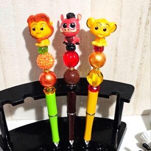Animal Character Beaded Pens Set - Green, Orange, Yellow